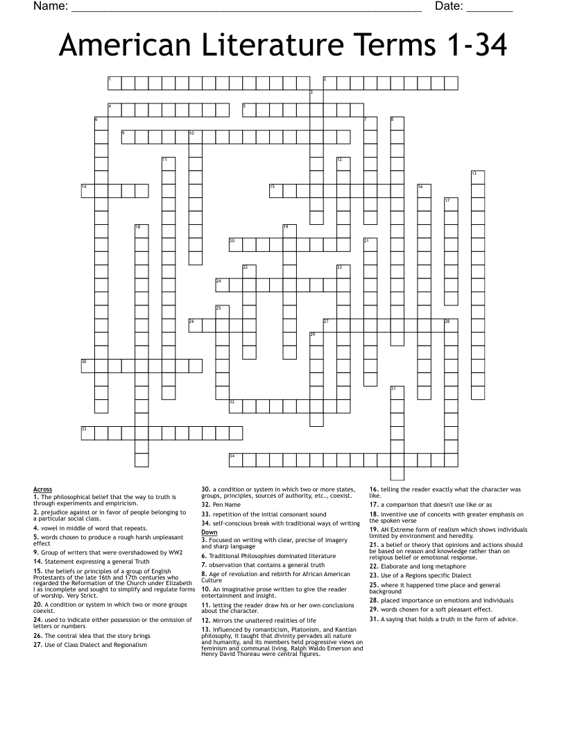 American Literature Terms 1-34 Crossword