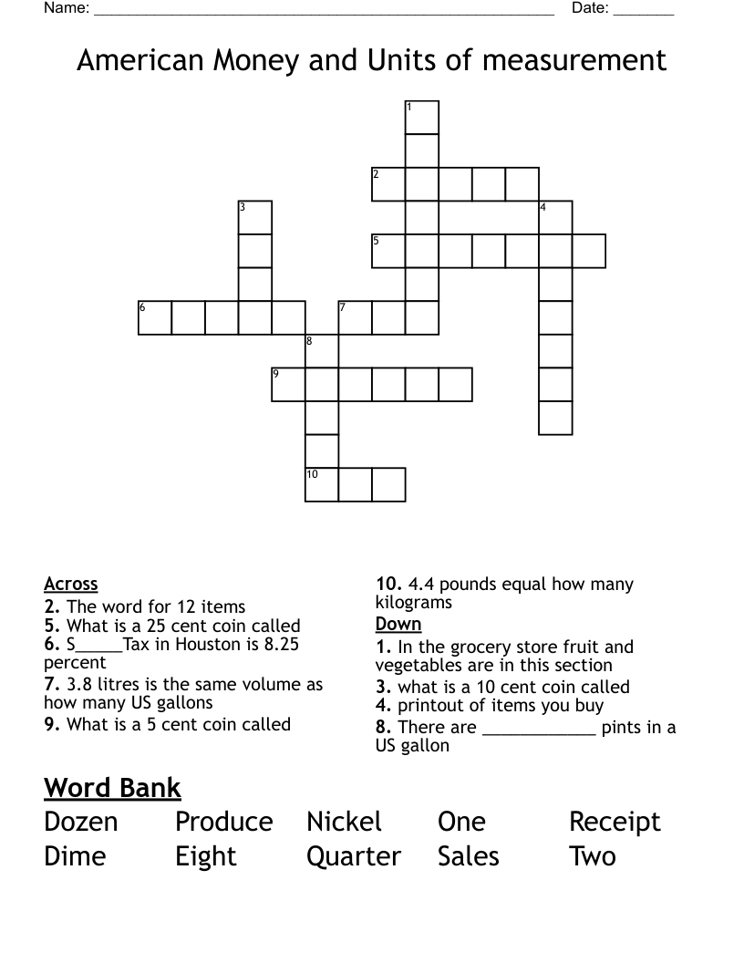 American Money and Units of measurement Crossword