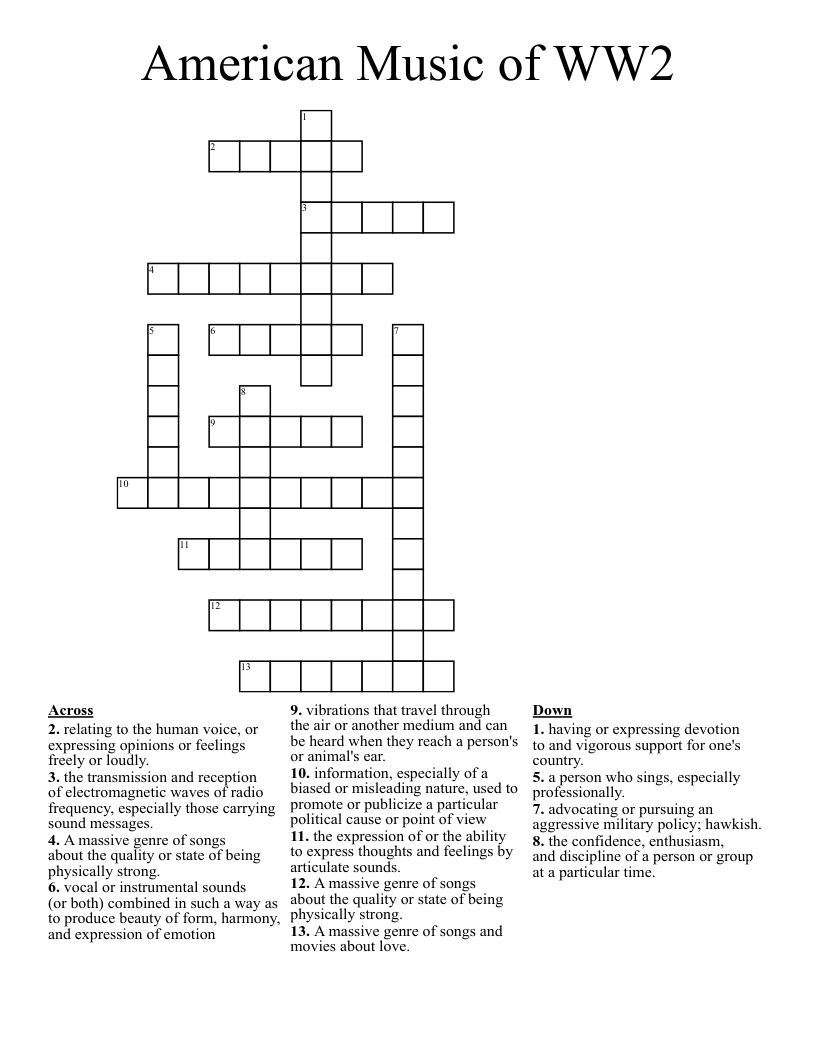 American Music of WW2 Crossword