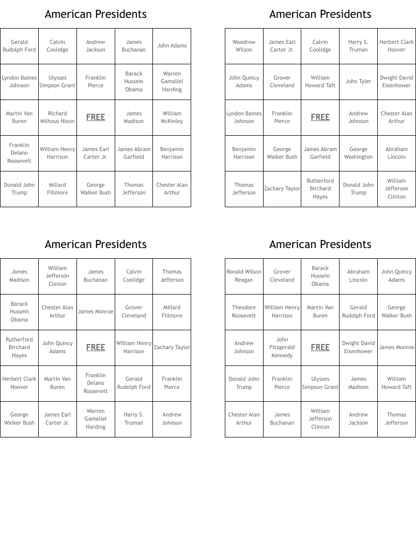 American Presidents Bingo Cards