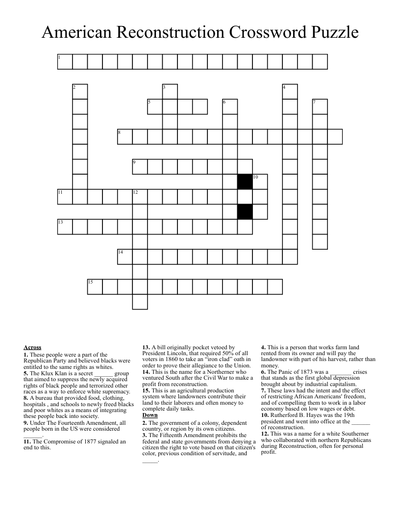 American Reconstruction Crossword Puzzle