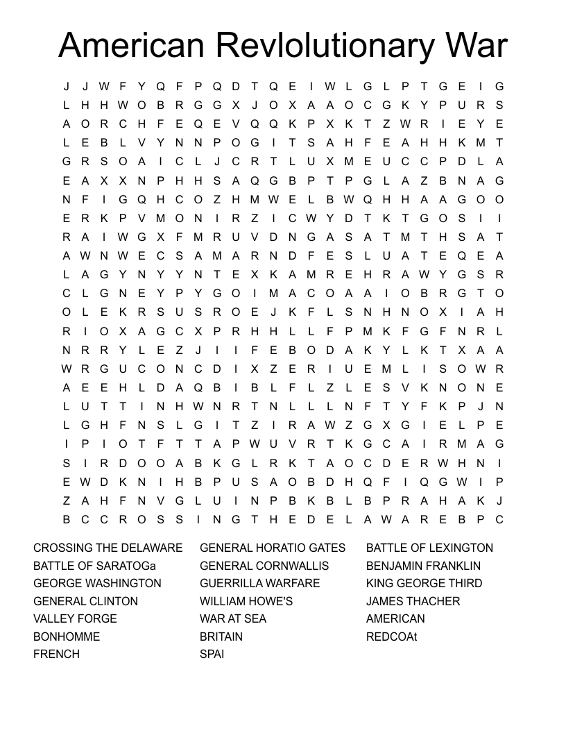 American Revlolutionary War Word Search
