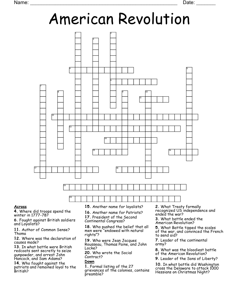 American Revolution Crossword
