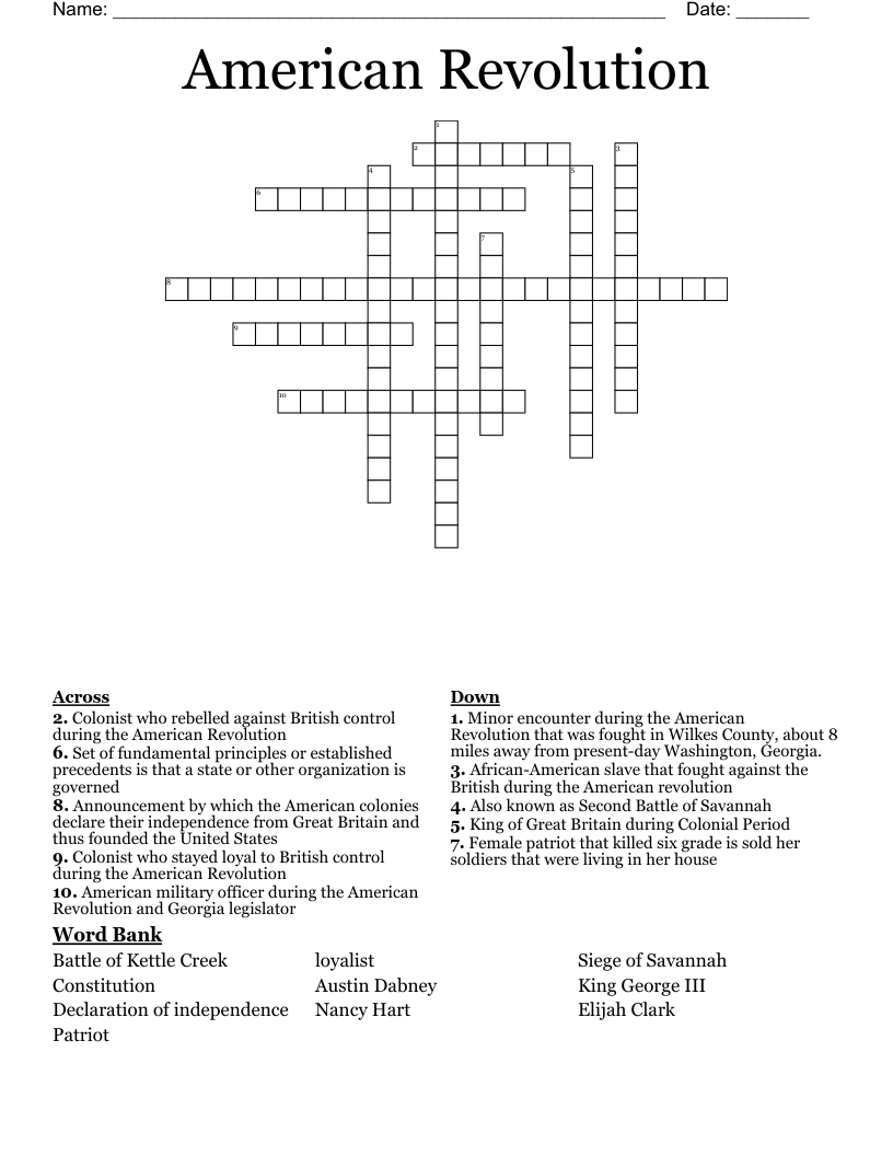 American Revolution Crossword
