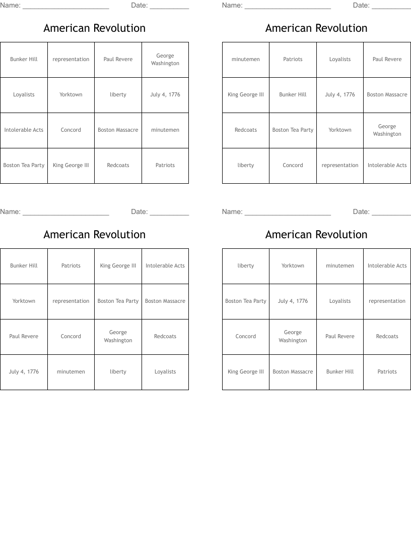 American Revolution Bingo Cards