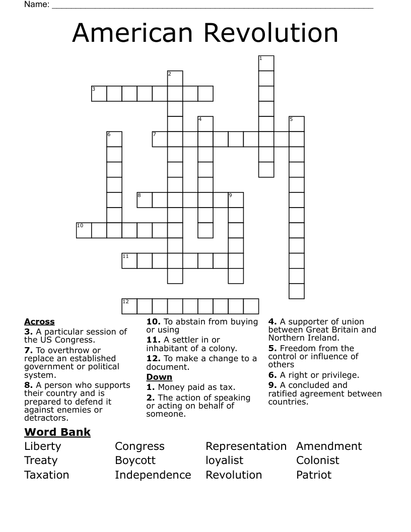 American Revolution Crossword