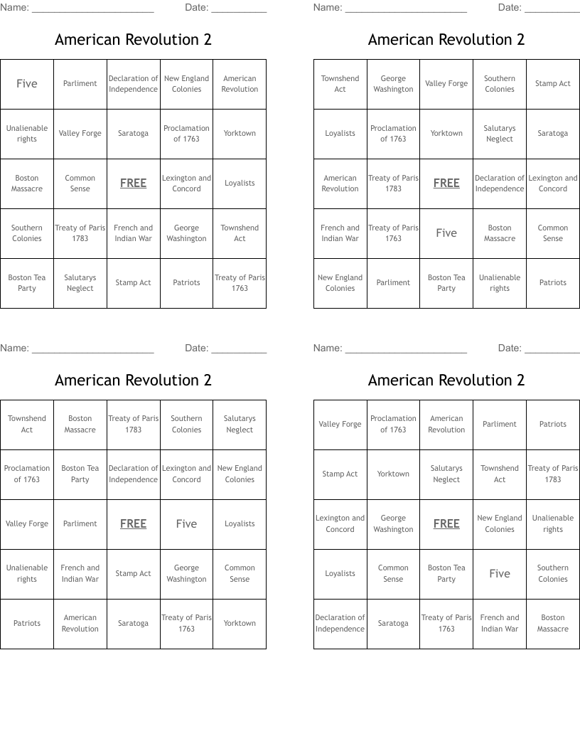 American Revolution 2 Bingo Cards
