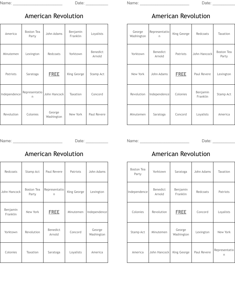 American Revolution Bingo Cards