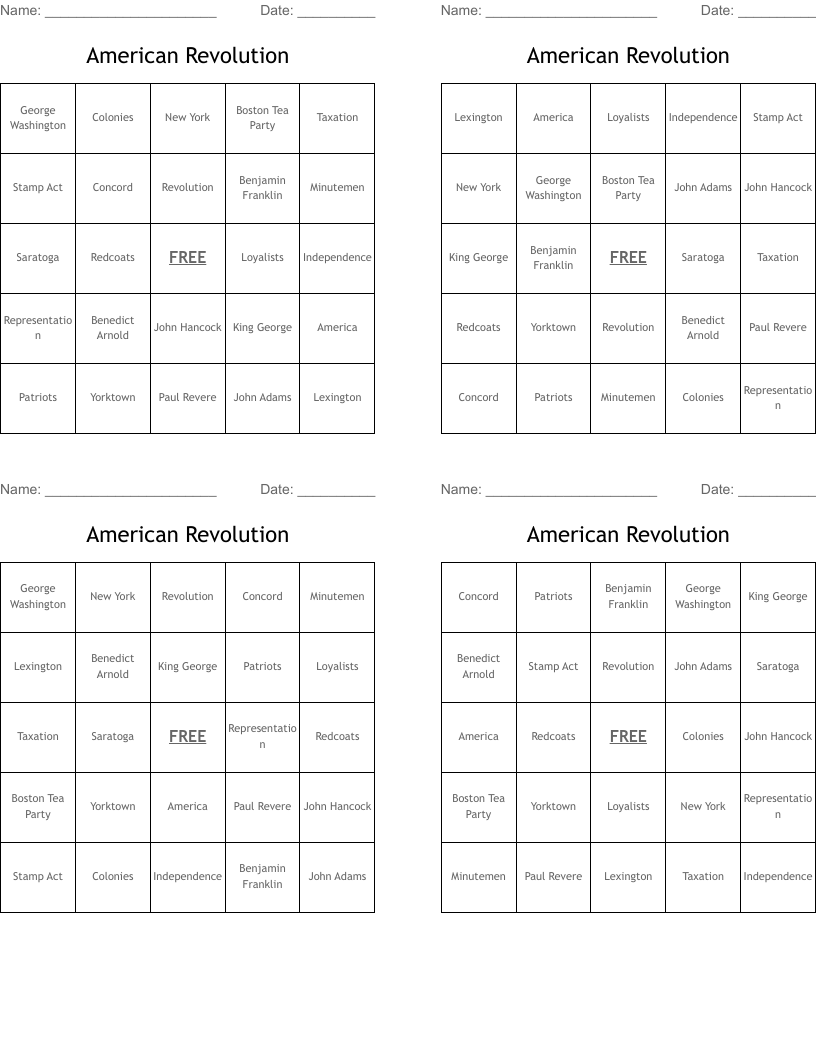 American Revolution Bingo Cards