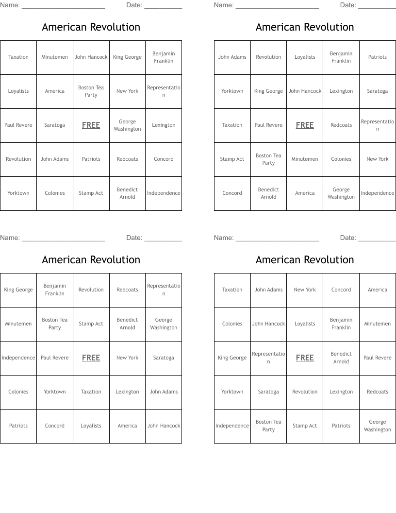 American Revolution Bingo Cards