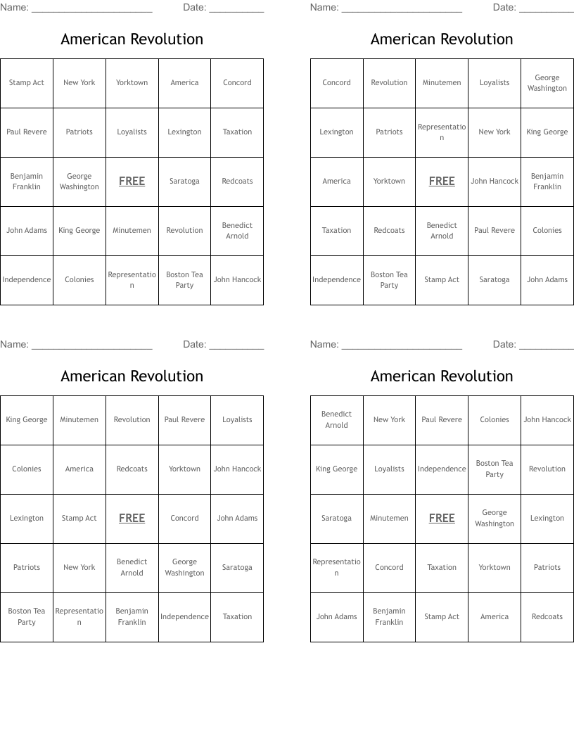 American Revolution Bingo Cards