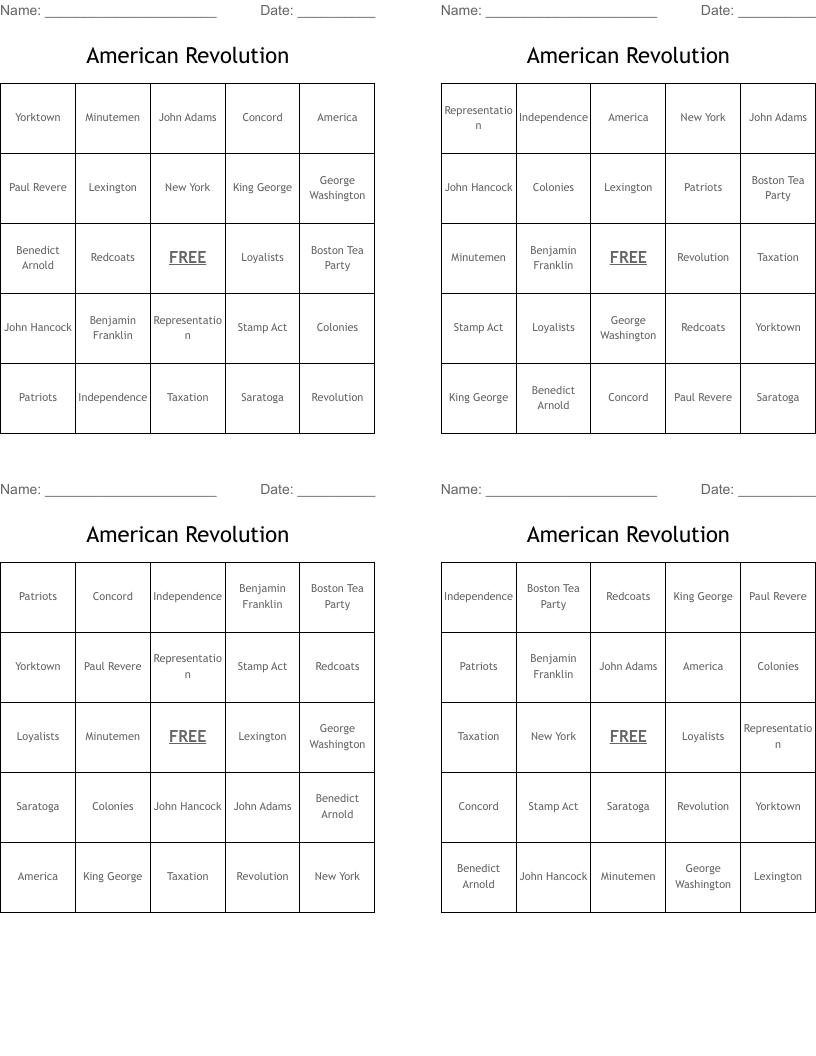 American Revolution Bingo Cards