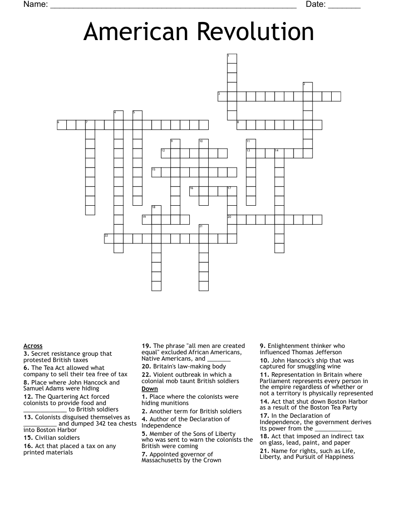 American Revolution Crossword