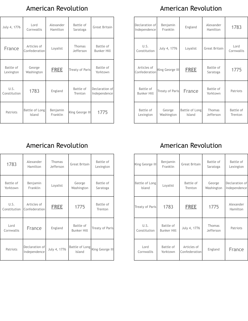 American Revolution Bingo Cards
