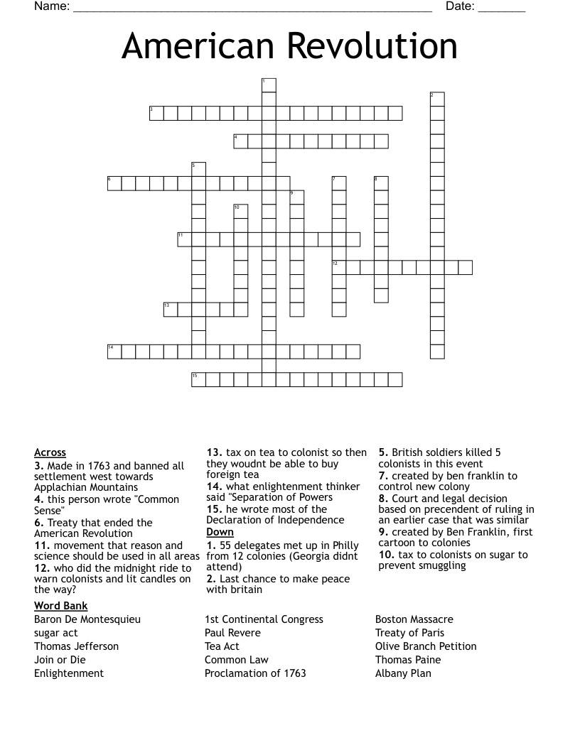 American Revolution Crossword