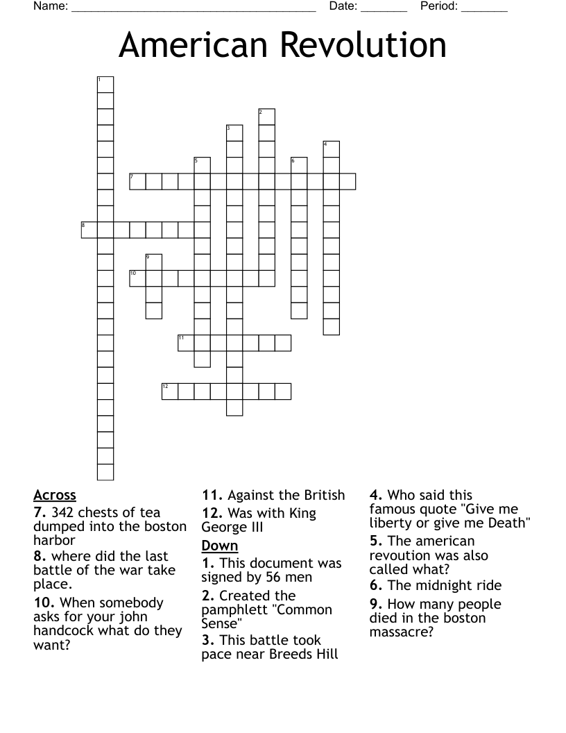 American Revolution Crossword
