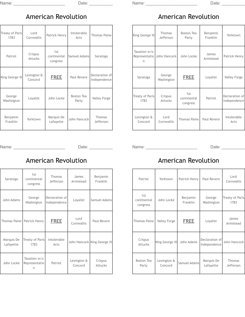 American Revolution Bingo Cards