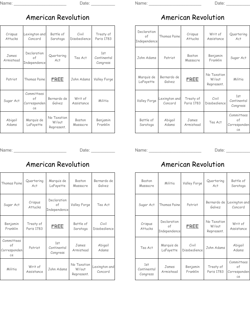 American Revolution Bingo Cards