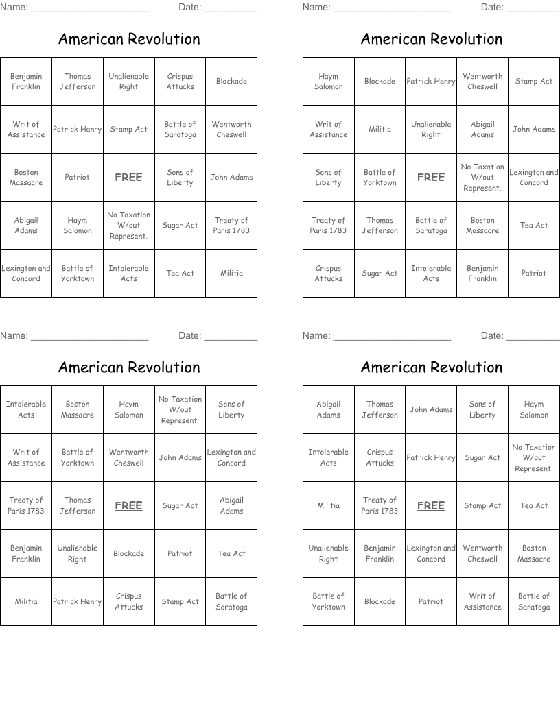 American Revolution Bingo Cards