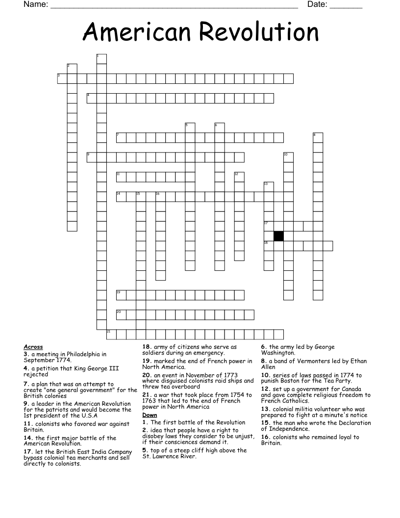 American Revolution Crossword