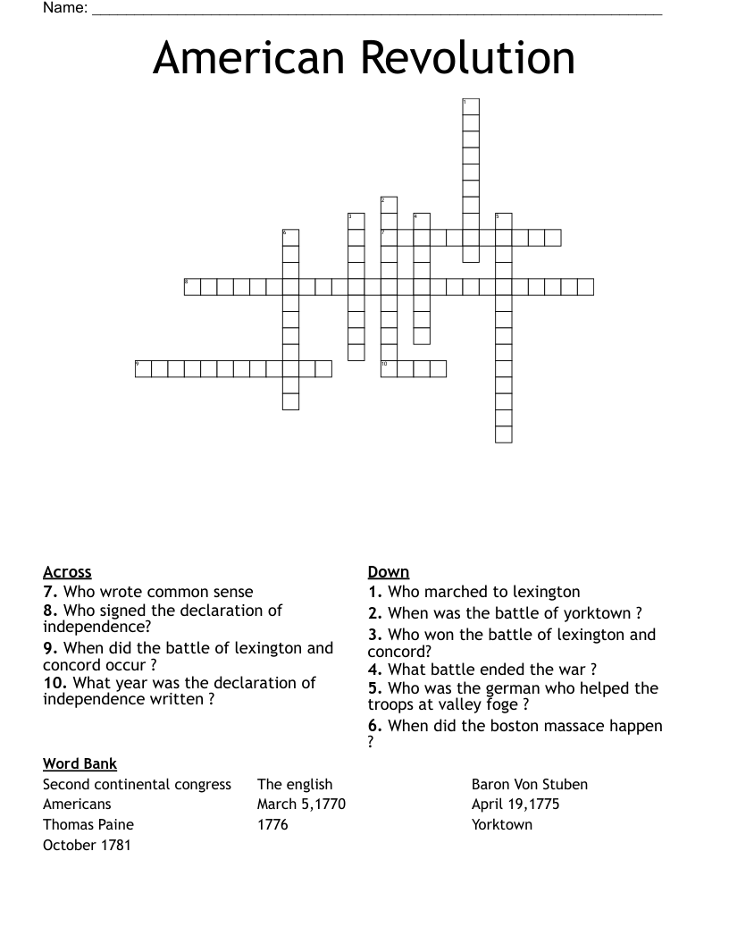 American Revolution Crossword