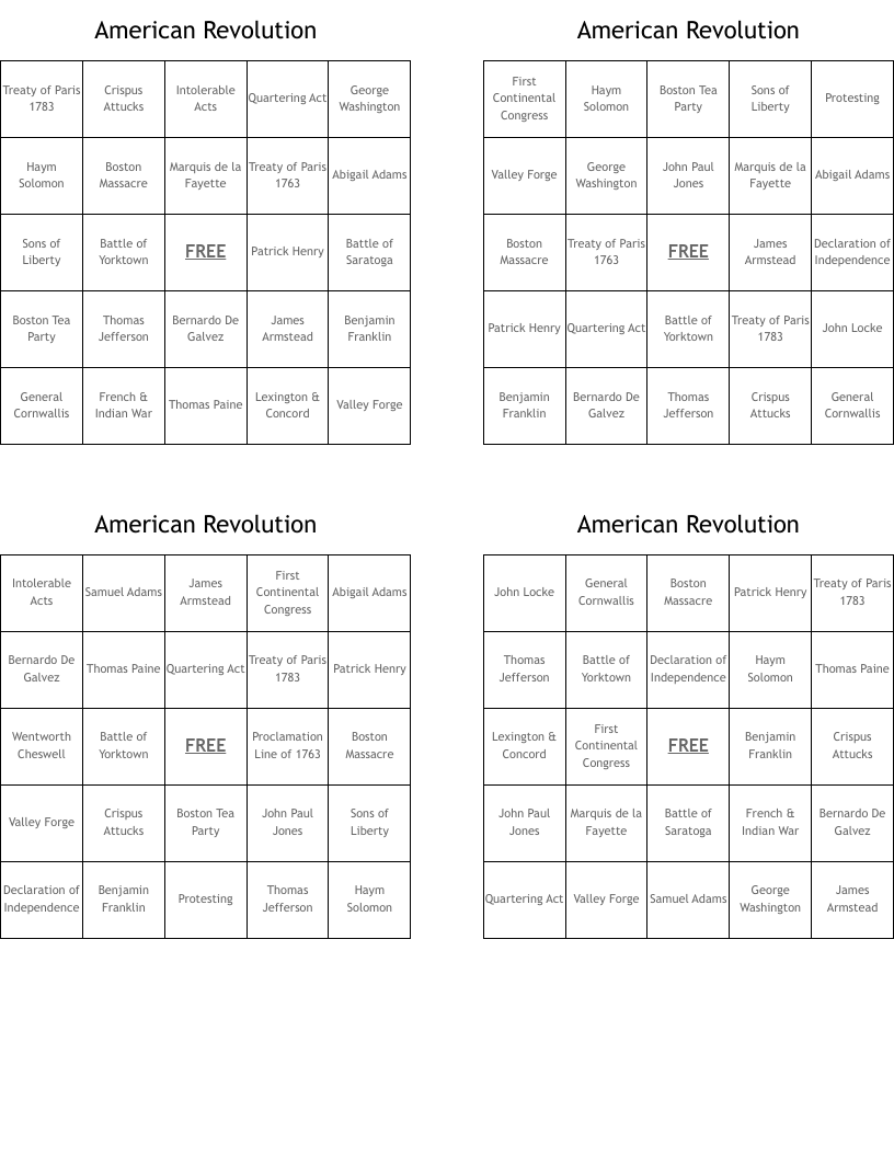 American Revolution Bingo Cards