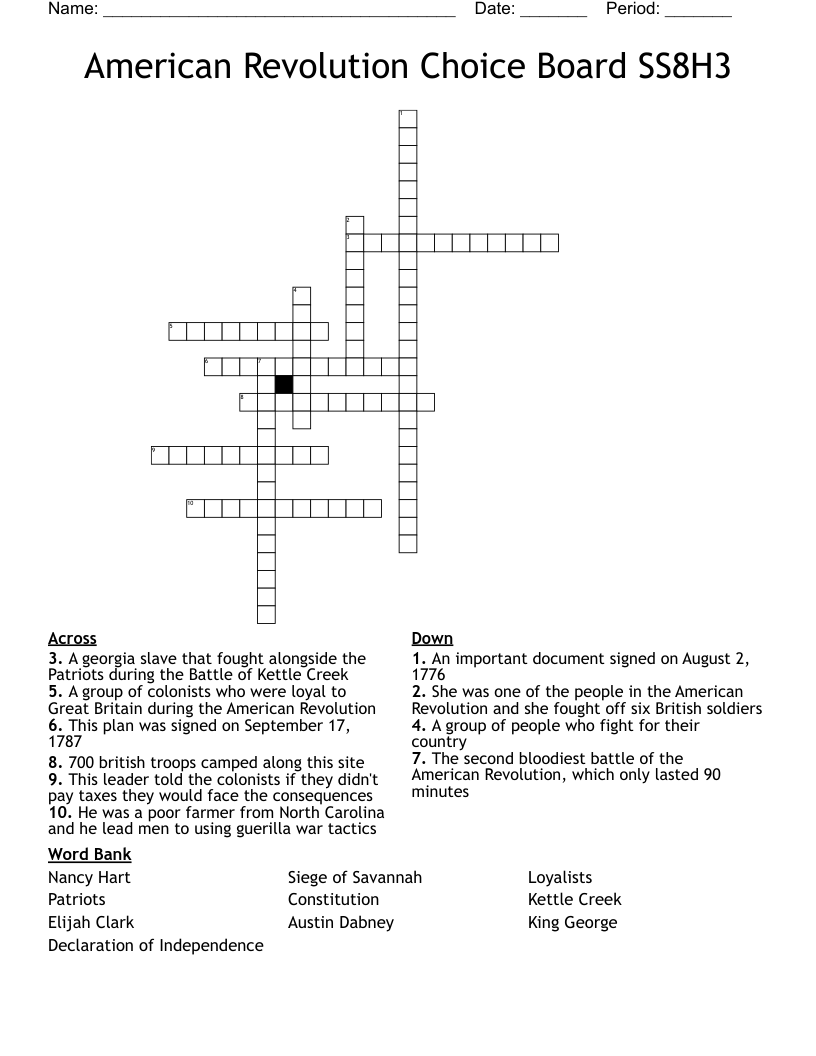 American Revolution Choice Board SS8H3 Crossword