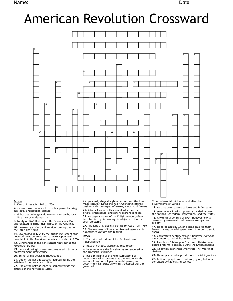 American Revolution Crossward Crossword