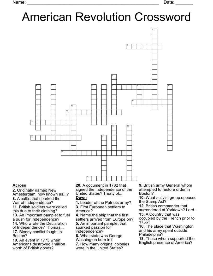 American Revolution Crossword