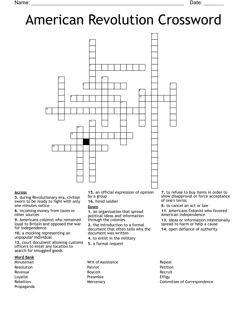 American Revolution Crossword