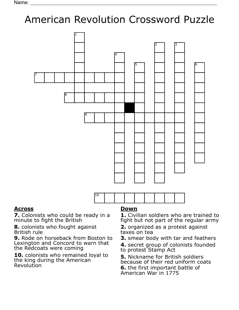 American Revolution Crossword Puzzle
