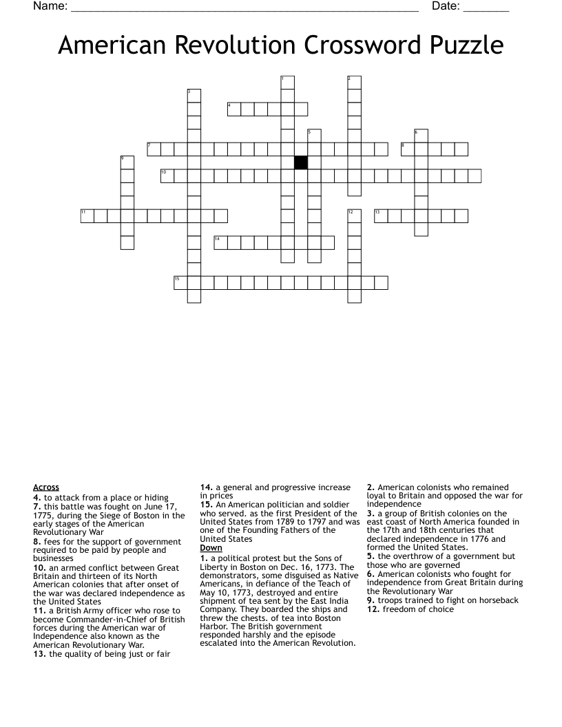 American Revolution Crossword Puzzle