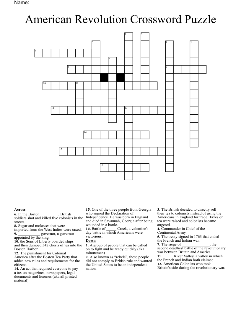 American Revolution Crossword Puzzle