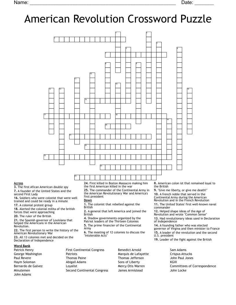 American Revolution Crossword Puzzle