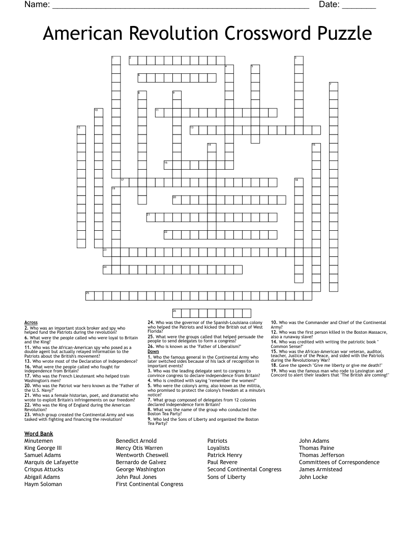 American Revolution Crossword Puzzle