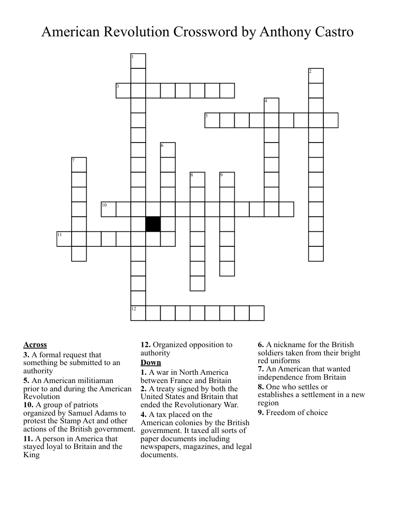 American Revolution Crossword by Anthony Castro