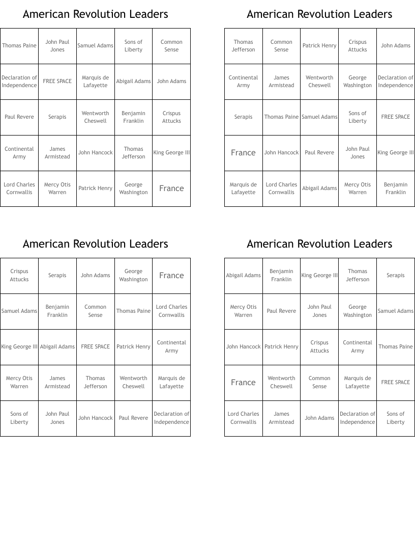 American Revolution Leaders Bingo Cards