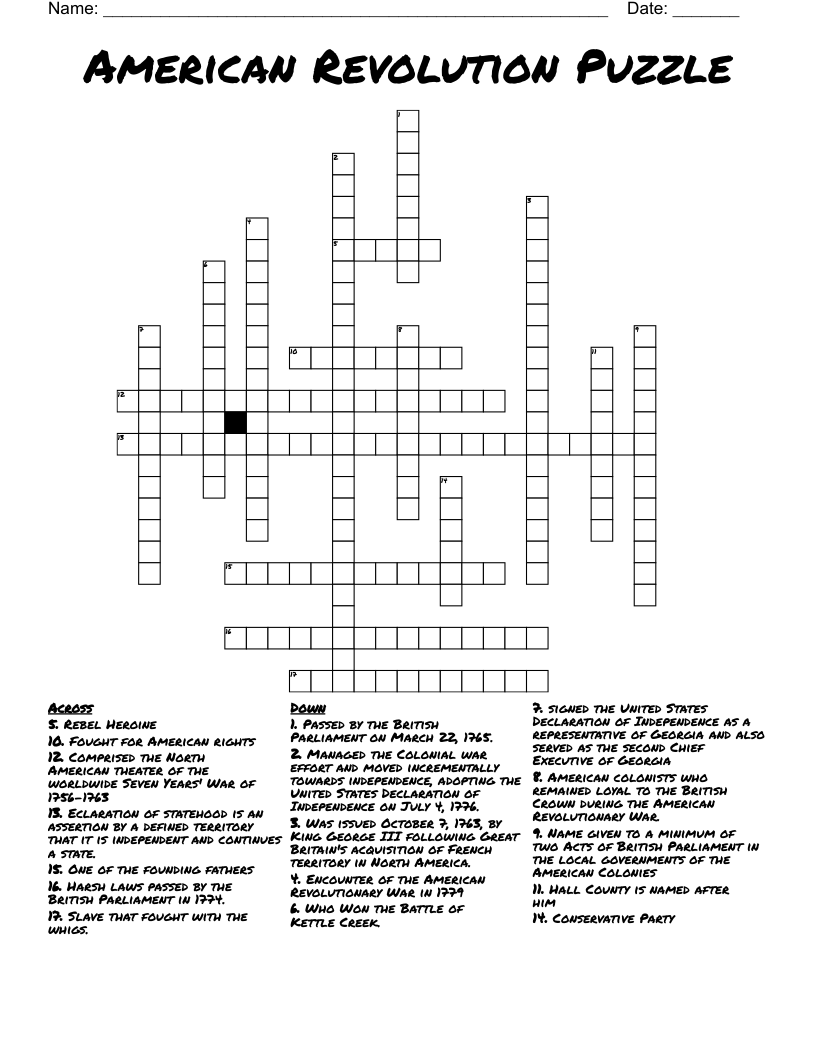 American Revolution Puzzle Crossword