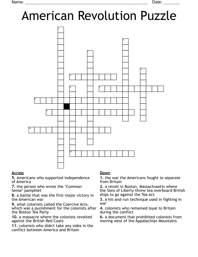 American Revolution Puzzle Crossword