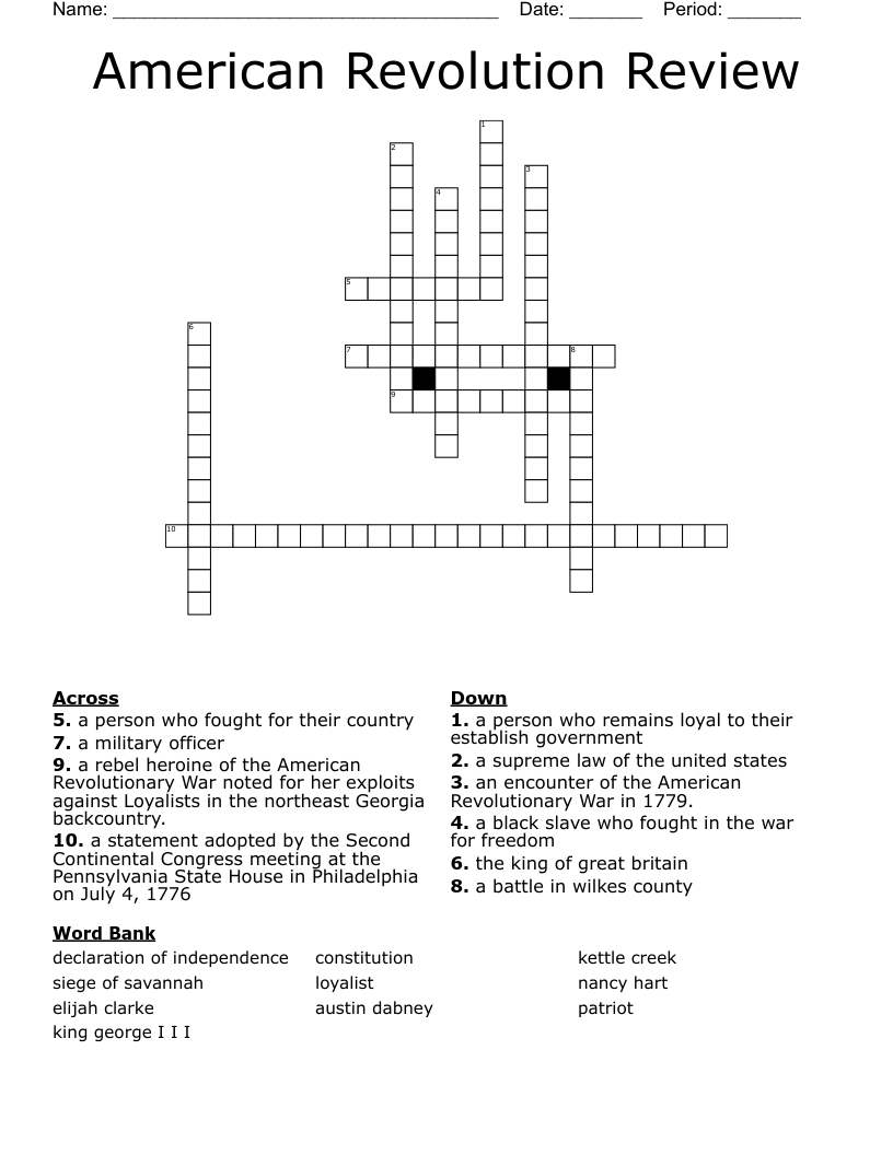 American Revolution Review Crossword