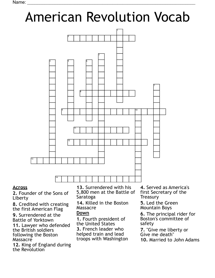 American Revolution Vocab Crossword