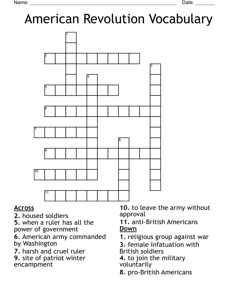American Revolution Vocabulary Crossword