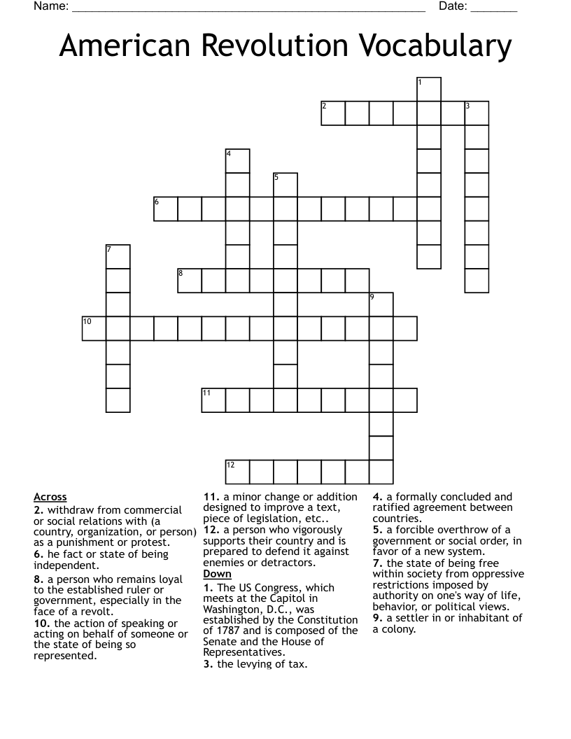 American Revolution Vocabulary Crossword