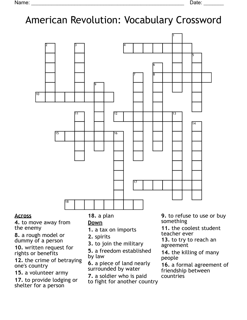 American Revolution: Vocabulary Crossword