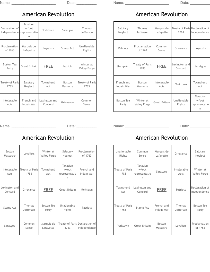 American Revolution  Bingo Cards