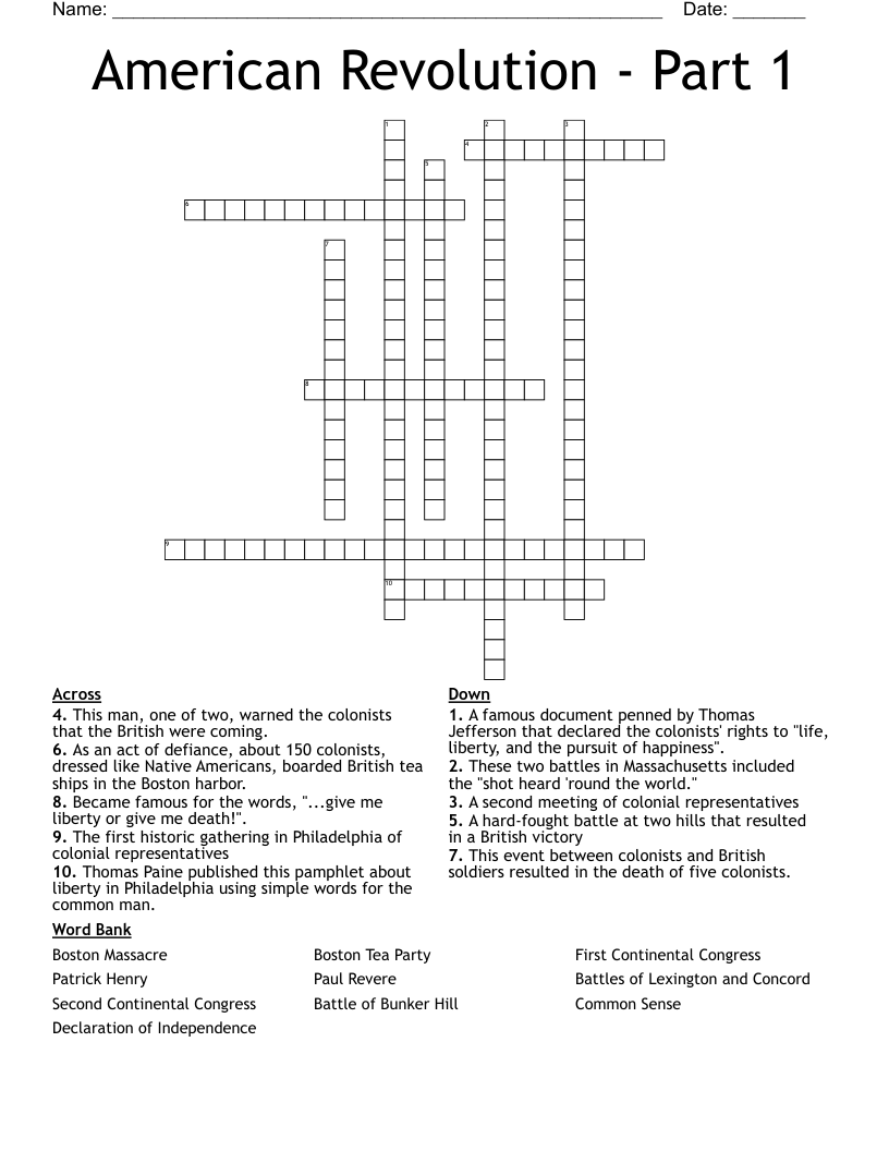 American Revolution - Part 1 Crossword