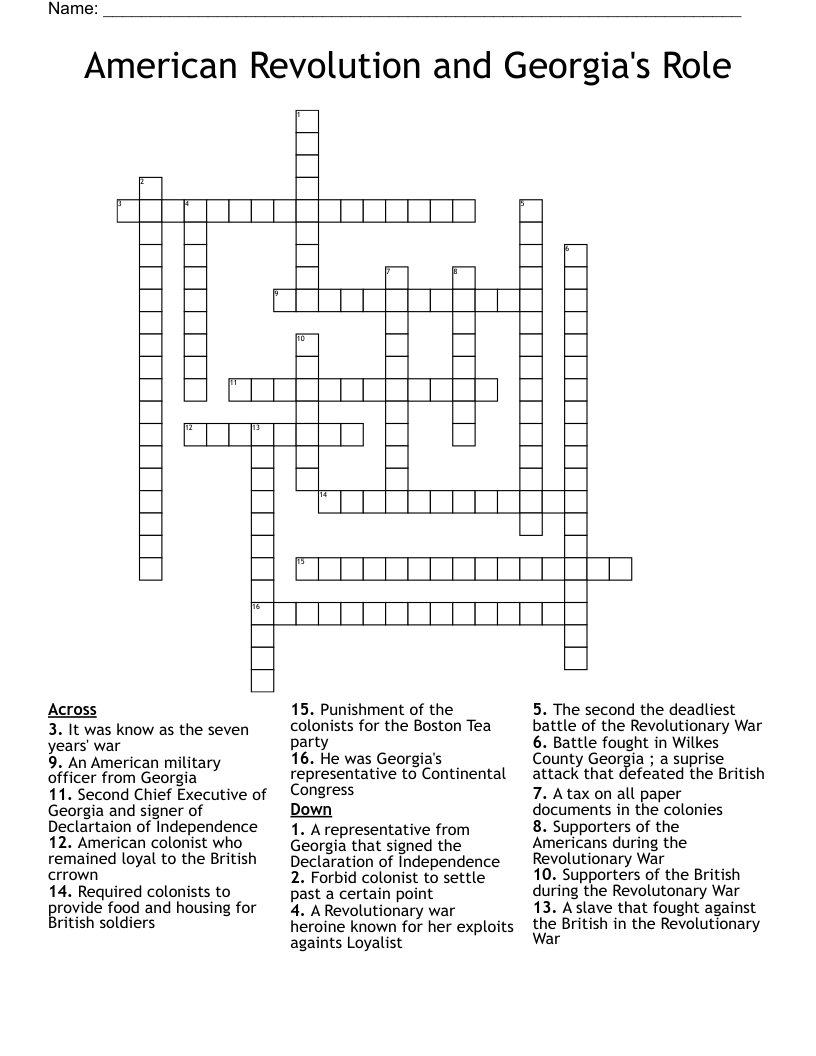 American Revolution and Georgia's Role Crossword