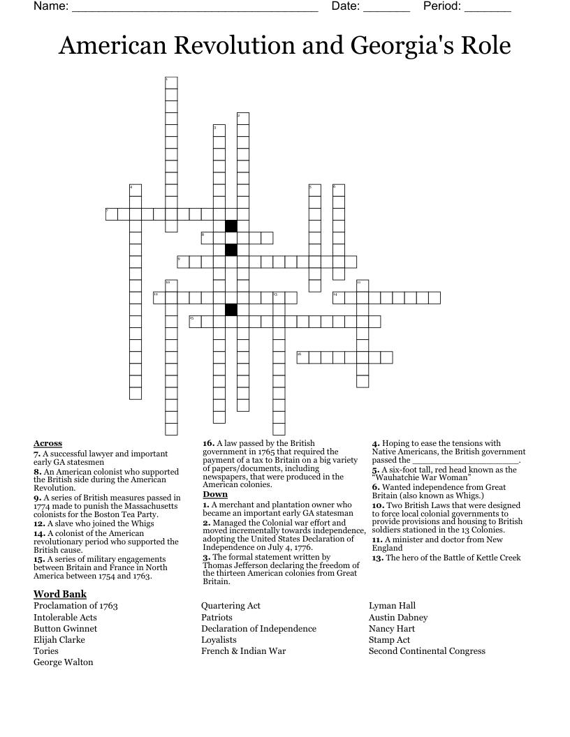 American Revolution and Georgia's Role Crossword