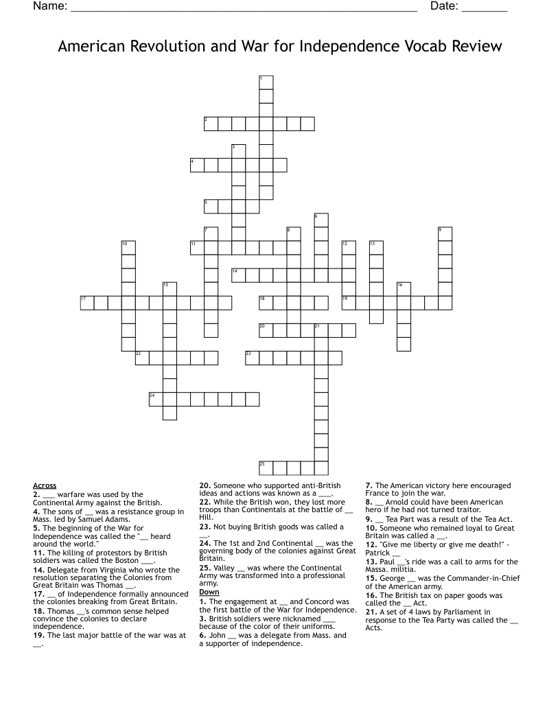 American Revolution and War for Independence Vocab Review Crossword