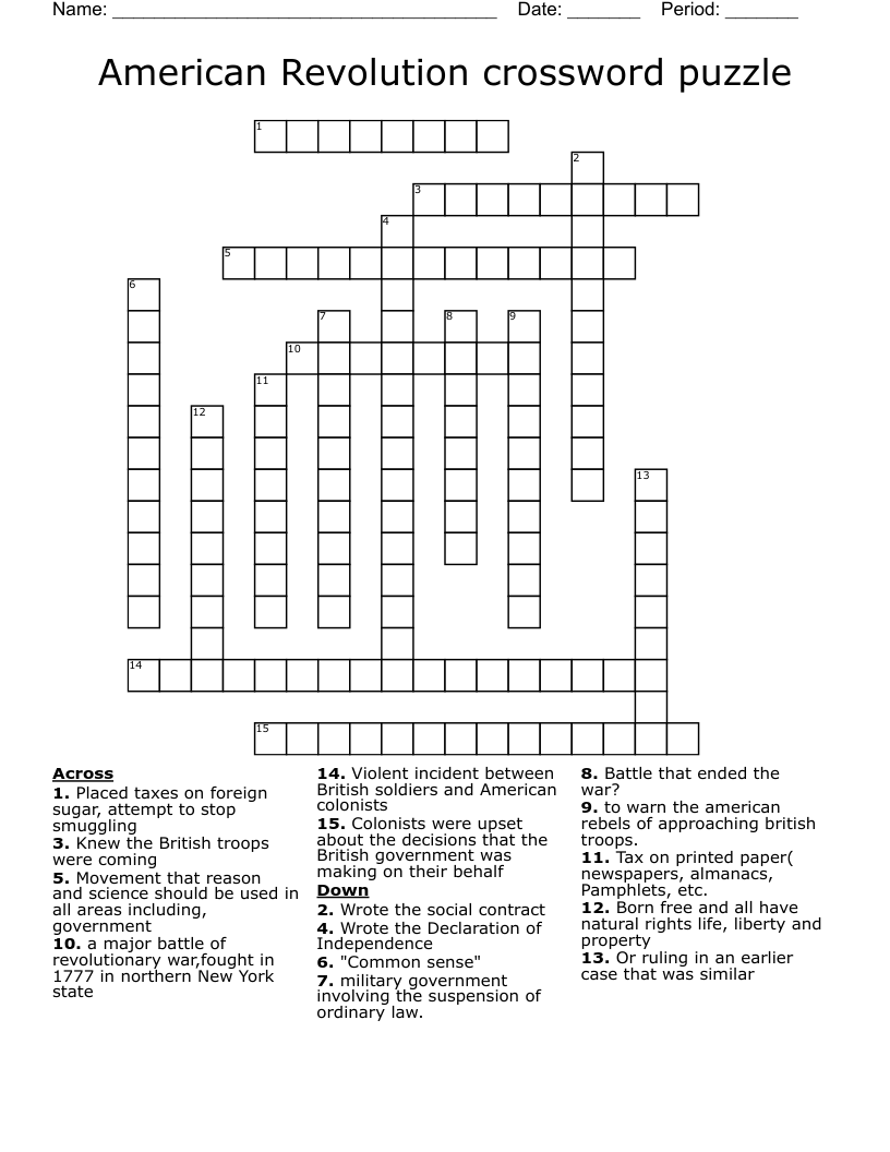 American Revolution crossword puzzle 